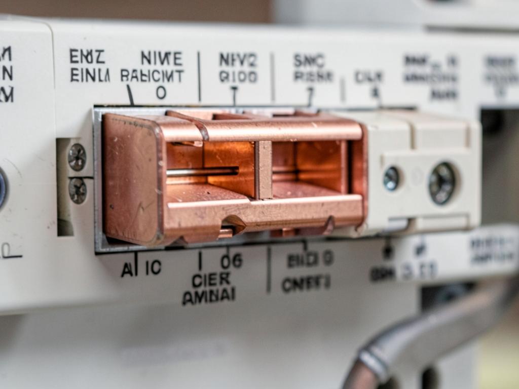 Close-up of a 200 amp main breaker and copper busbars inside a residential load center