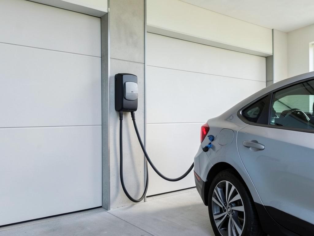 Level 2 home EV charger mounted in a garage with an electric car plugged in