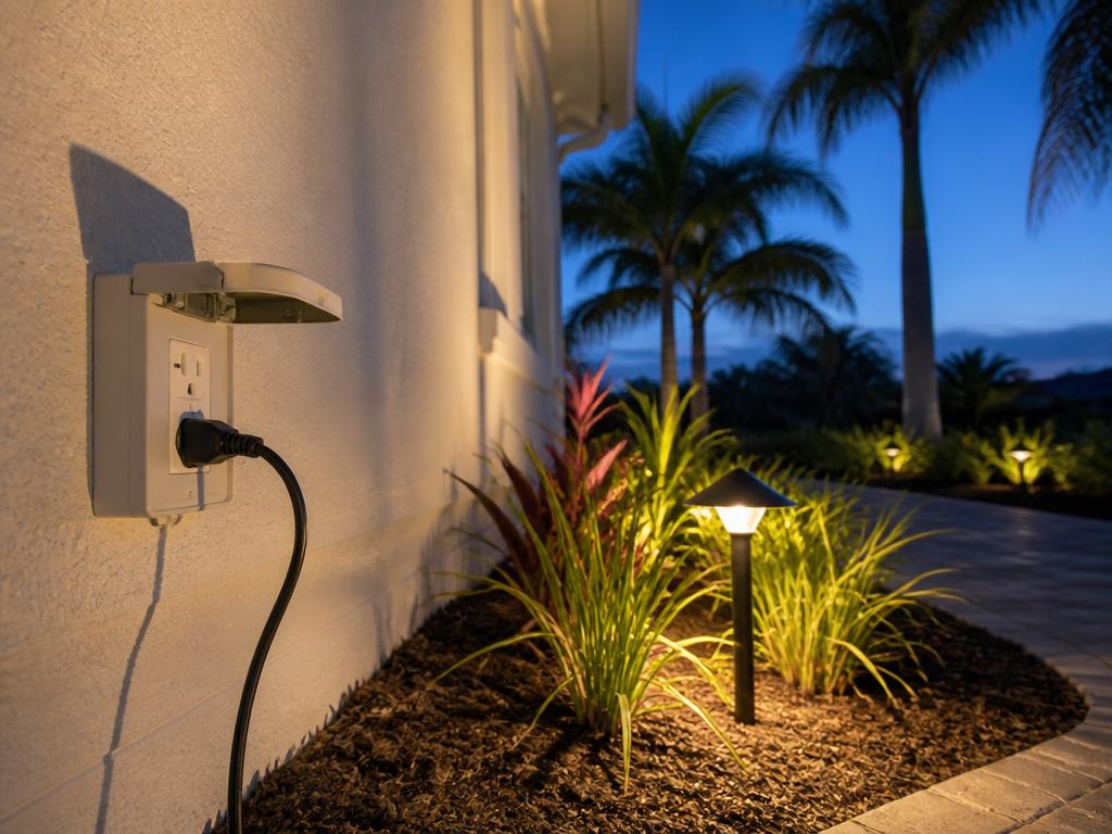 Weather-resistant exterior outlet and landscape lighting on a Florida home at dusk
