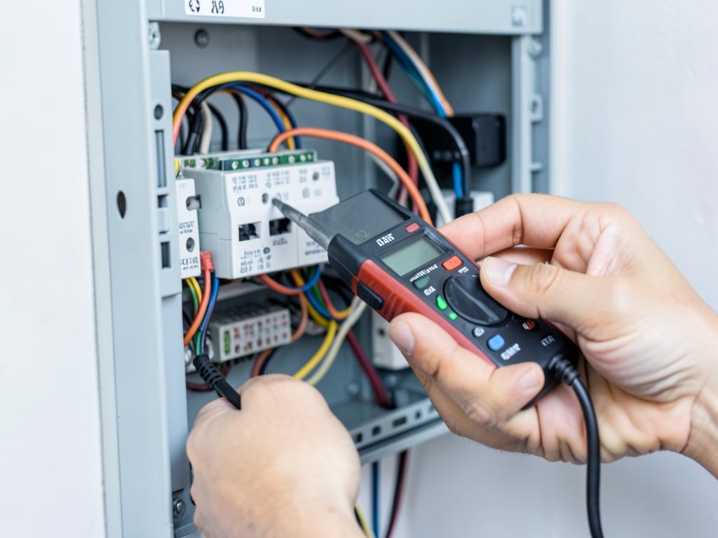 Technician testing circuit wiring inside a residential electrical panel with a multimeter